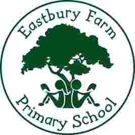 Logo of Eastbury Farm Primary School features two children reading under a large tree, enclosed in a circular border.