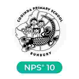 Cooinda Primary School black and white logo with children and a lizard, "Bunbury" written below, and "NPS 10" in a green box beneath.
