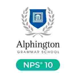 Alphington Grammar School logo with a blue shield and laurel wreath, accompanied by "NPS® 10" in a green oval.