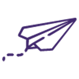 Outline of a purple paper airplane with a dashed tail.