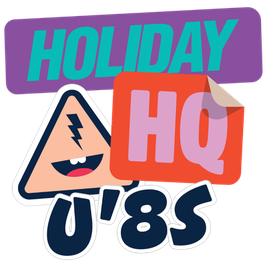 Colorful logo with "Holiday HQ" in bold letters, featuring a smiling triangle with a lightning bolt and "U'8s" below.