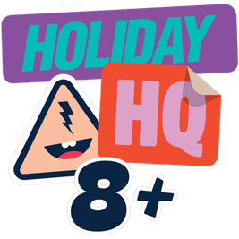 Illustration of "Holiday HQ" with a smiling warning sign and "8+" text, featuring vibrant colors and playful design.