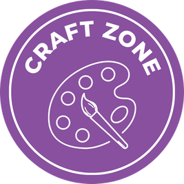 Purple circle with the words "Craft Zone" and an illustration of a paint palette and brush in white.