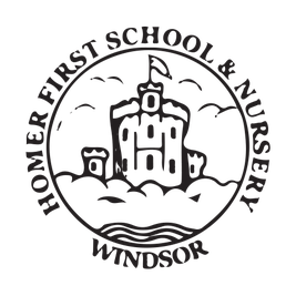 Logo of Homer First School & Nursery in Windsor, featuring a castle silhouette with a flag, surrounded by text and clouds.