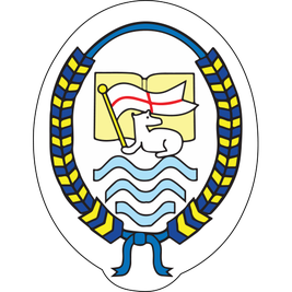 Emblem with an open book, flag, polar bear on waves, surrounded by a blue and yellow border with ribbon.