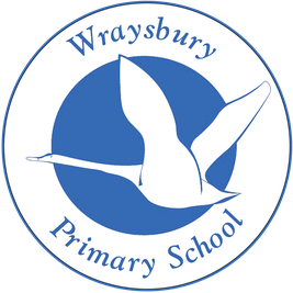 A blue and white logo featuring a flying swan with the text "Wraysbury Primary School" around it.