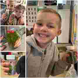 Smiling child holding a small jar with a mini garden. Collage includes close-ups of plants in jars and two kids showing their creations.