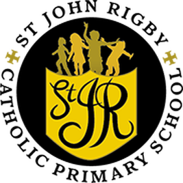 Yellow shield logo with "StJR" in elegant script, featuring silhouettes of children playing on top. Black background with stylized yellow corners.