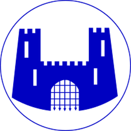 Blue castle silhouette with two towers and a closed gate on a white circular background.
