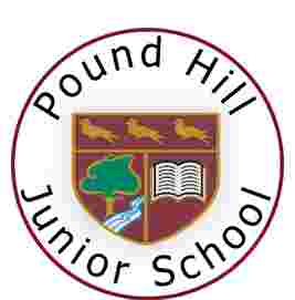 Emblem of Pound Hill Junior School featuring birds, a tree, a stream, and an open book enclosed in a circular border.