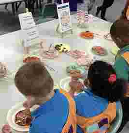 Children making pizzas at a table with various toppings like pepperoni, ham, and cheese, next to a food group chart on display.