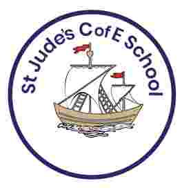Emblem of St Jude's CofE School featuring a sailing ship with red flags, encircled by the school's name in blue text.