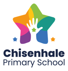 A colorful star with a black hand silhouette in the center, surrounded by smaller stars. Text reads "Chisenhale Primary School."