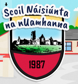 Shield-shaped logo with a silhouette of a building, the text "Scoil Náisiúnta na nUamhanna" and "1987," set against a backdrop of a school.