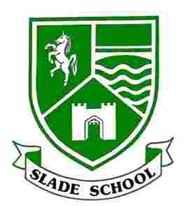 Green and white Slade School crest featuring a horse, wavy lines, a castle gate, and a banner with the school's name.