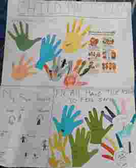 Child protection poster with colorful handprints, drawings, and text emphasizing safety, personal space, and identifying safe people.