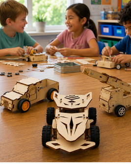 Children assemble wooden model cars at a classroom table, smiling and engaged in creative play.