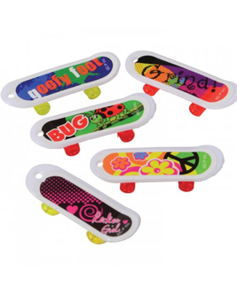 Five mini skateboard erasers with colorful designs, including text like "Goofy Foot" and "Grind," and features like flowers and ladybugs.