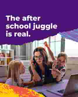 A woman multitasking with two children, holding a phone and folders.