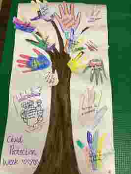 A paper tree with colorful handprints, each displaying messages for Child Protection Week, representing children's rights and safety.