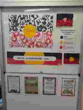Classroom board displaying Aboriginal flag art, Wurundjeri land acknowledgment, and explanations of the flag's colors.