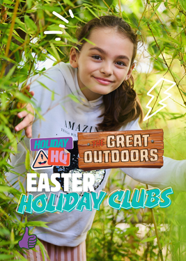 Girl smiling in a lush green garden, wearing a white hoodie. Text overlays promote Easter holiday clubs at Holiday HQ.