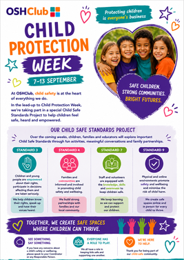 Child Protection Week poster with info on safety standards and community roles, featuring four smiling children in a heart frame.