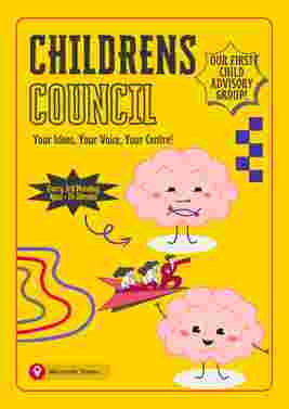 Yellow poster for "Children's Council" with cartoon brains and paper planes; meeting every 3rd Monday, 4 pm on Microsoft Teams.