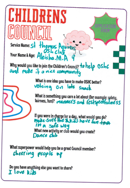 Children's Council application form with handwritten answers about improving OSHC, including ideas like "voting on late snack" and "dance club".