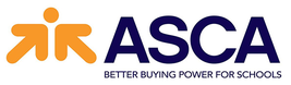 ASCA logo with orange arrow-like symbol and "ASCA" in bold navy letters. Tagline: "Better Buying Power for Schools."