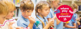 Children in blue uniforms play with handbells; overlay reads "where play meets potential" and "Outside School Hours Care."