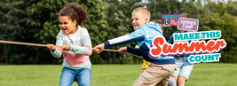 Kids playing tug-of-war outside, smiling, with "Make This Summer Count" text overlay promoting a summer camp.