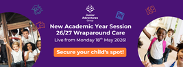 Children smiling and playing outside, with text about Junior Adventures Group's new academic year wraparound care starting May 18, 2026. Secure your spot.