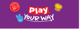 Purple background with "Play Your Way" text, red "Power Teams" badge, blue peace sign, and yellow chef hat icon.