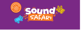 Purple banner with "Sound Safari" text, musical notes, a blue megaphone, and a "Brain Boosters" badge in the corner.