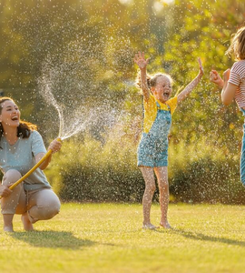 Matka s dcerami si na zahradě hraje s vodou