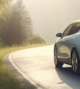 A white car driving on a winding road through a lush, sunlit forest with trees on both sides.