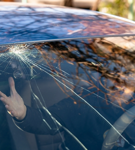 Rozbité čelní sklo - překvapený člověk uvnitř auta