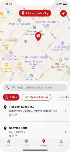 Map of pick-up and drop-off points in Zásilkovna app