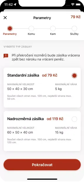 Parcels sending via Zásilkovna mobile app