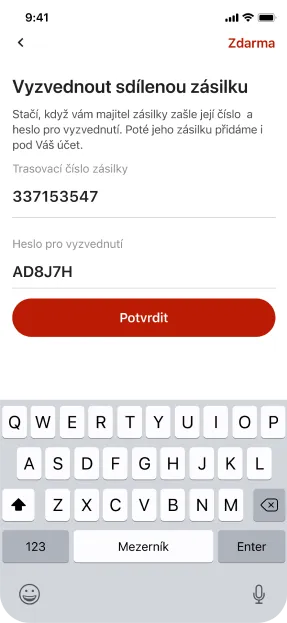 Parcel sharing option in Zásilkovna mobile app