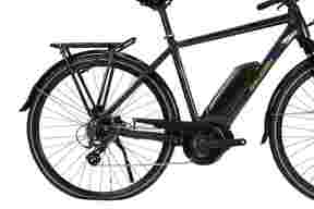 Picture showing an electric bike frame and its battery on the side.