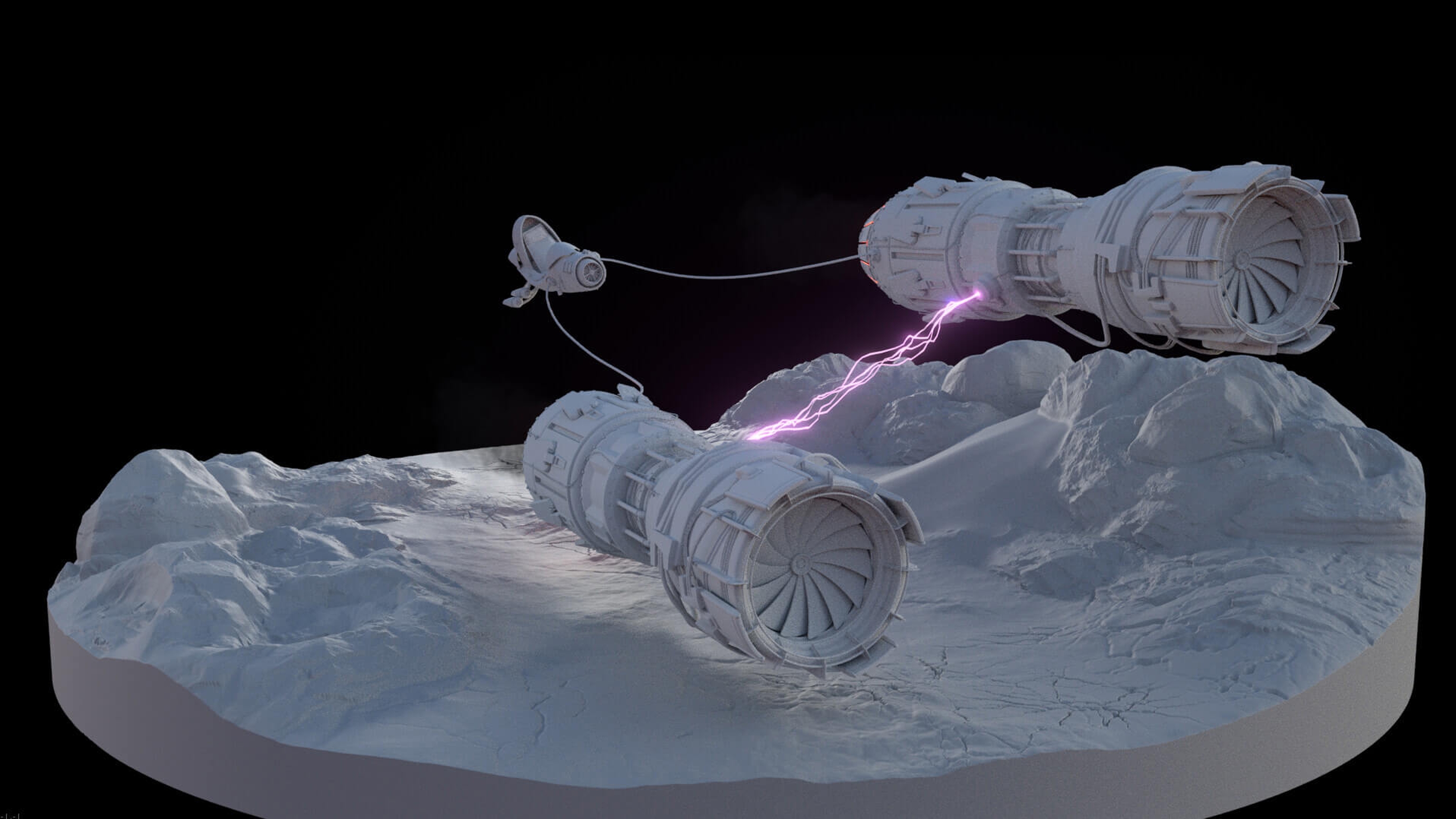 Previsualisation model of a spaceship moving over terrain