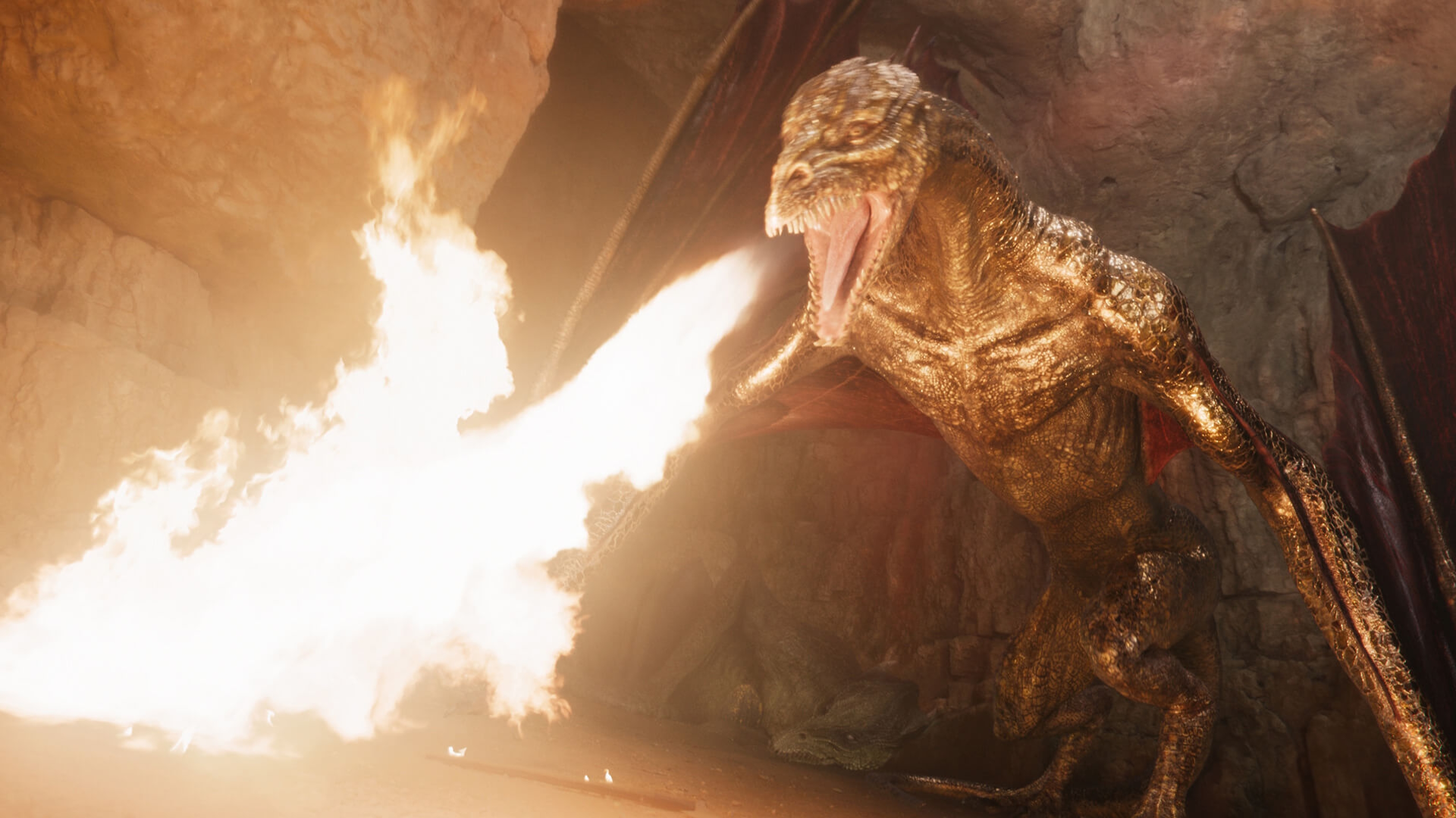 Golden dragon breathing fire in a cave