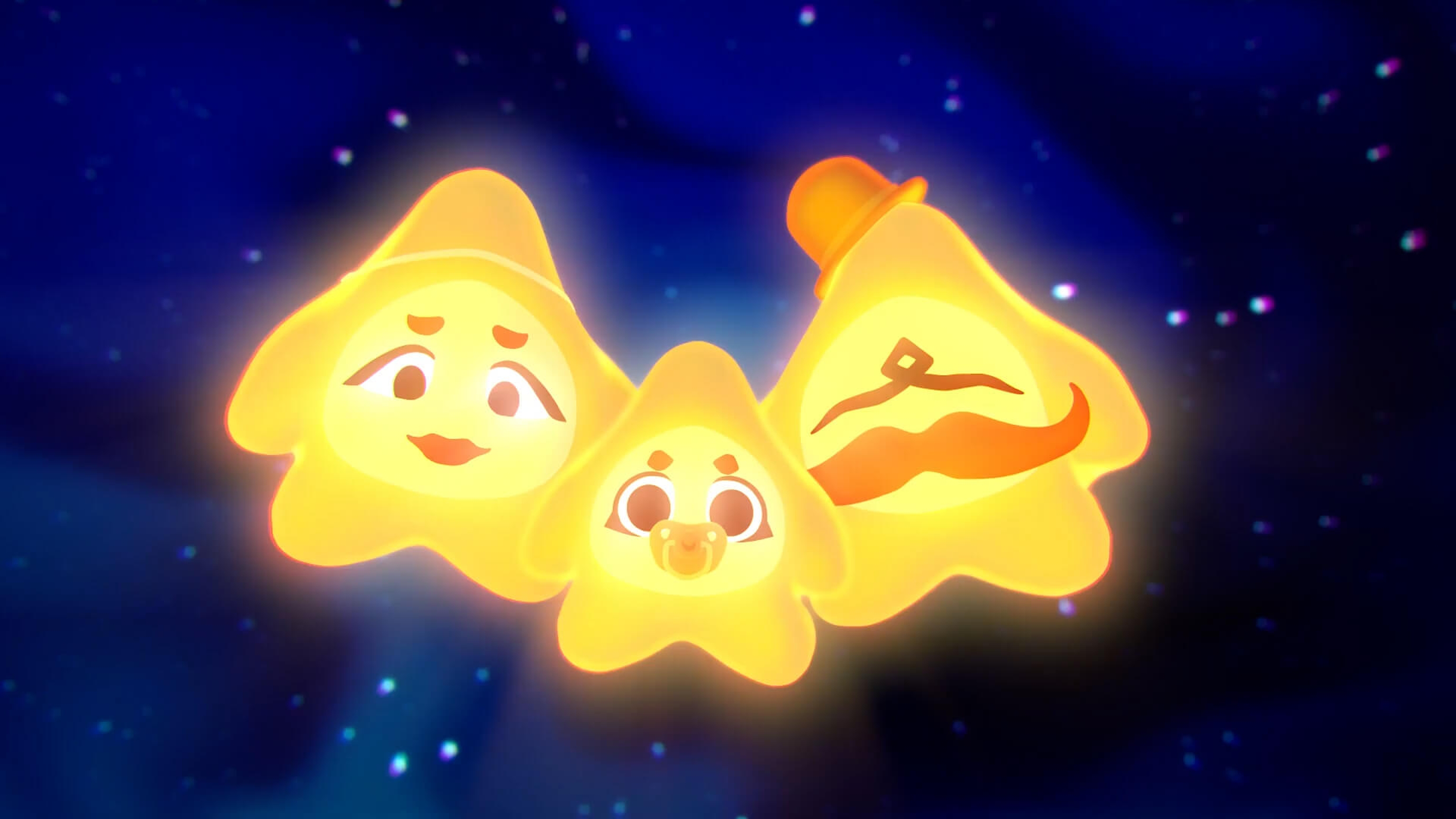 Three animated star fish characters in the night sky
