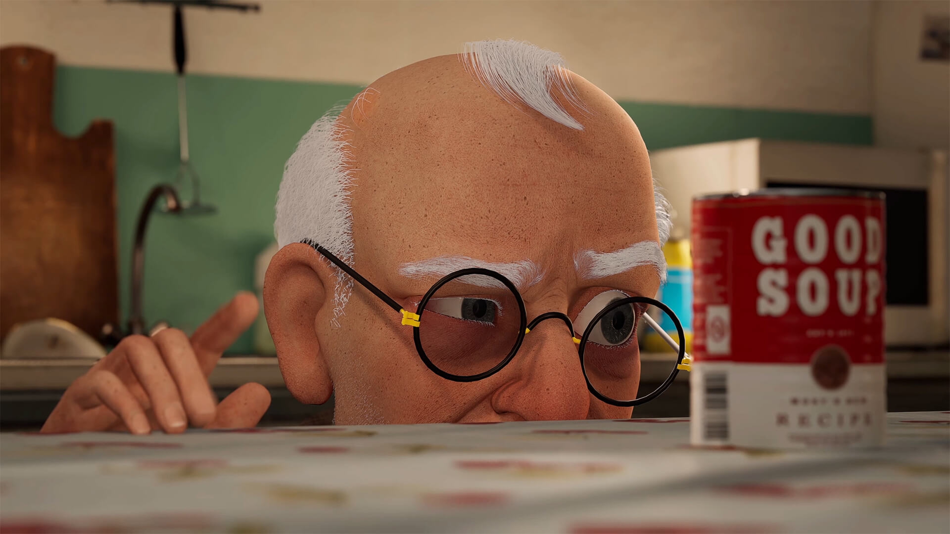 3D animation student work showing a senior gentleman looking at a can of soup