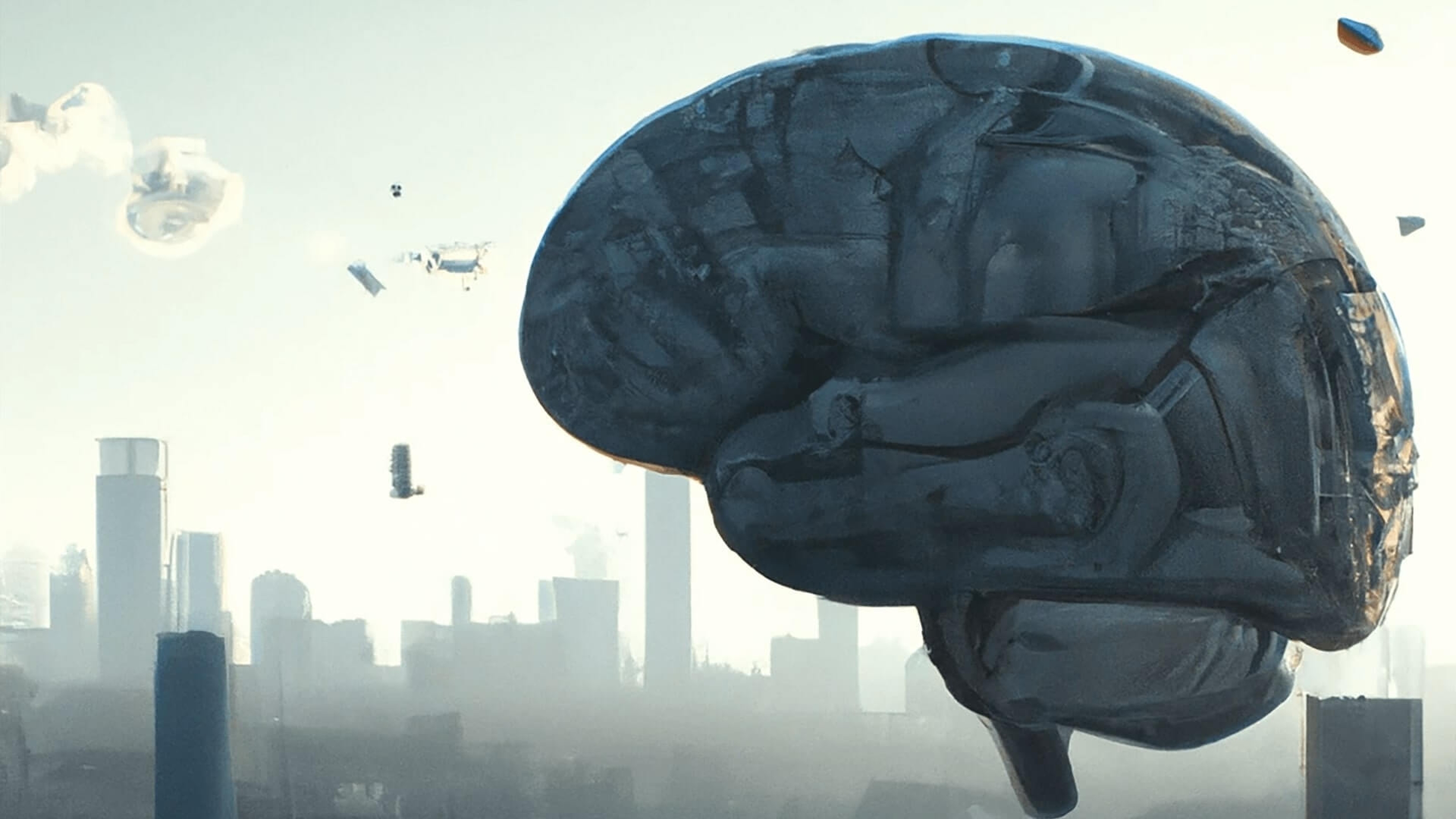 A giant brain floats in the sky above a modern city in this image generated by Saint Walker using AI