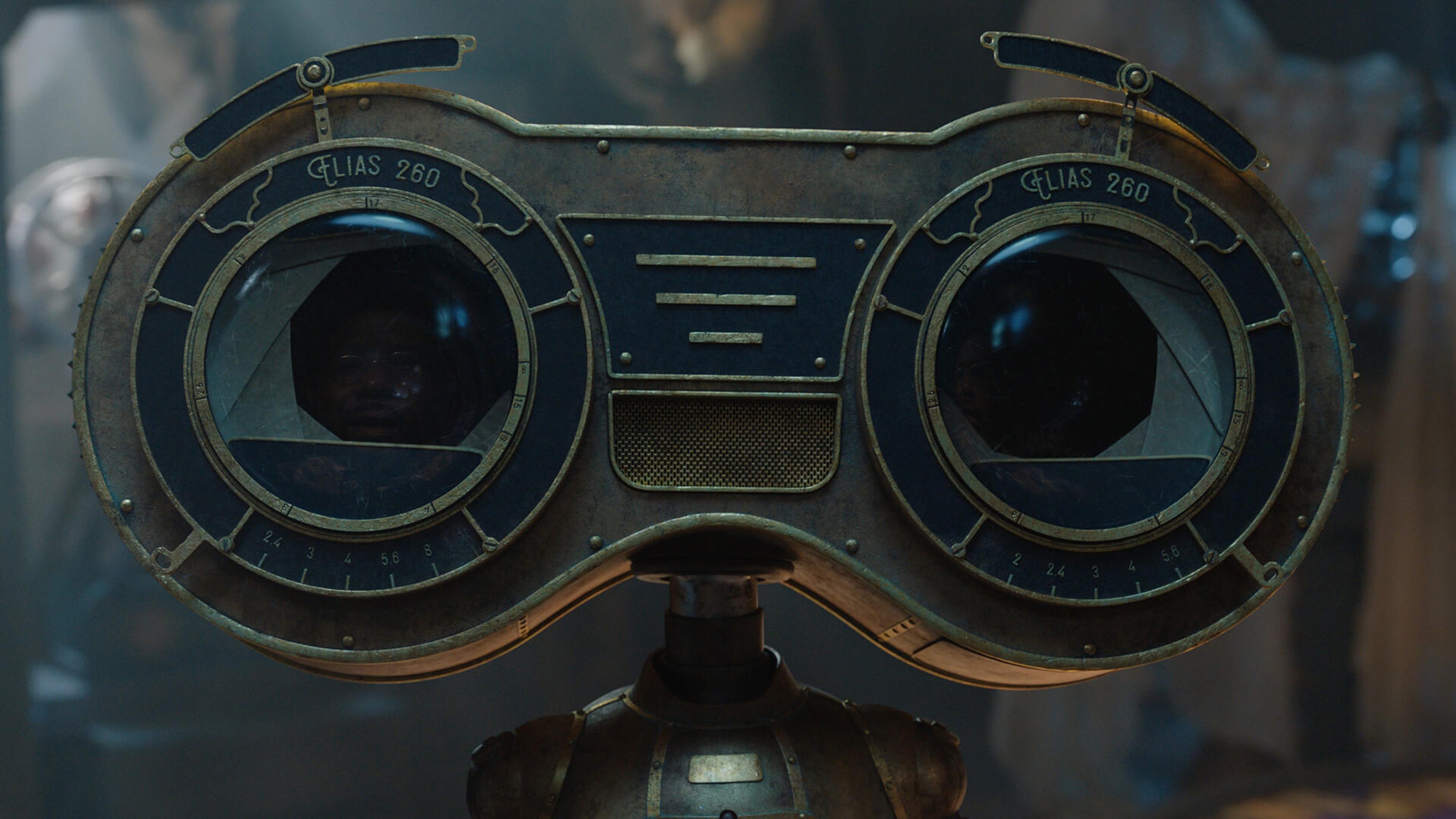 Close up of a robot character's face