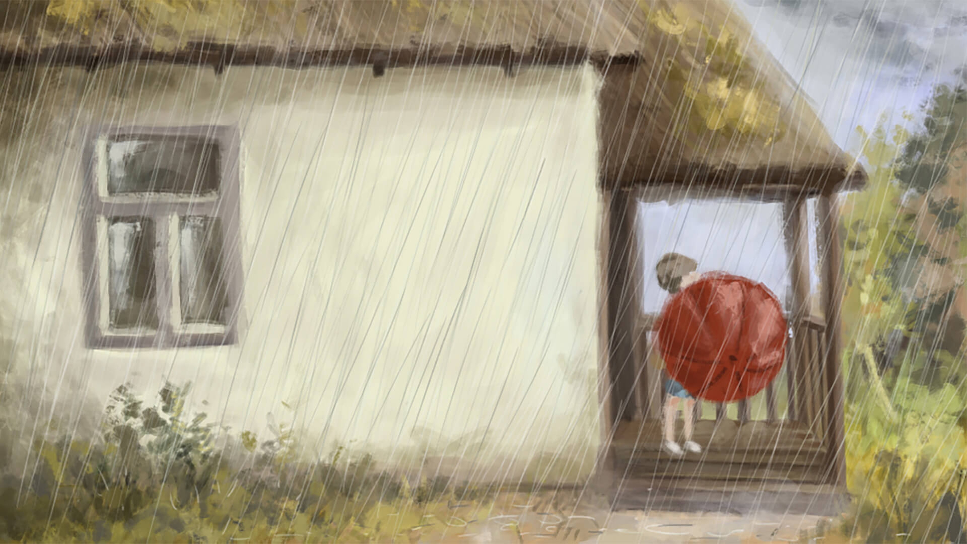 Storyboarding sketch of a child leaving a house with a red umbrella