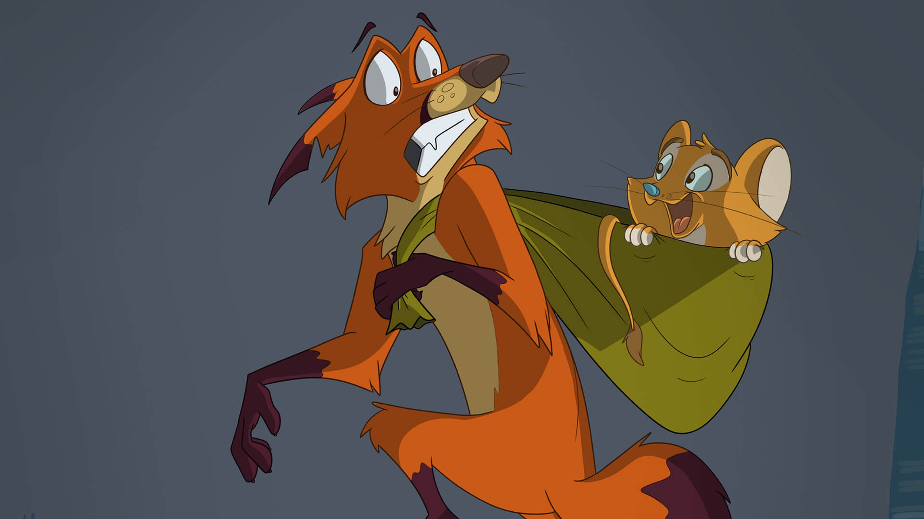 A cartoon fox holding a green backpack with a mouse inside